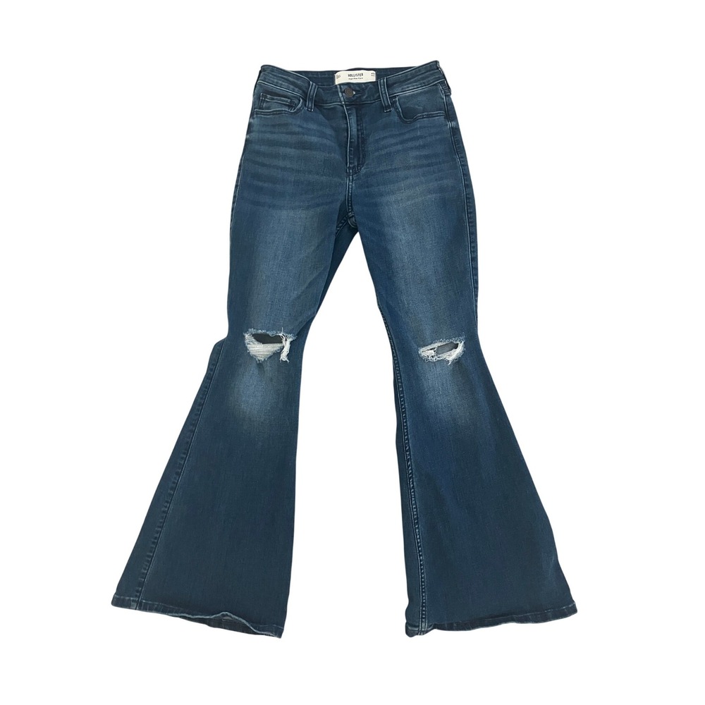 Hollister High-Rise Flare Jeans Women 2s W26 Short Medium Wash Distressed Blue
